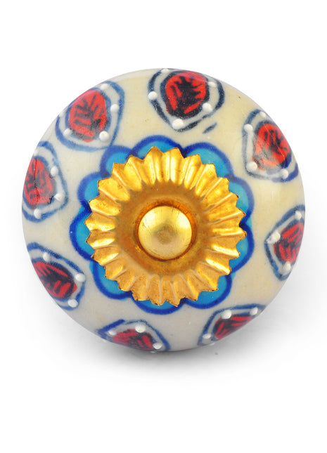 Red and Turquoise Flowers on White Base Ceramic knob