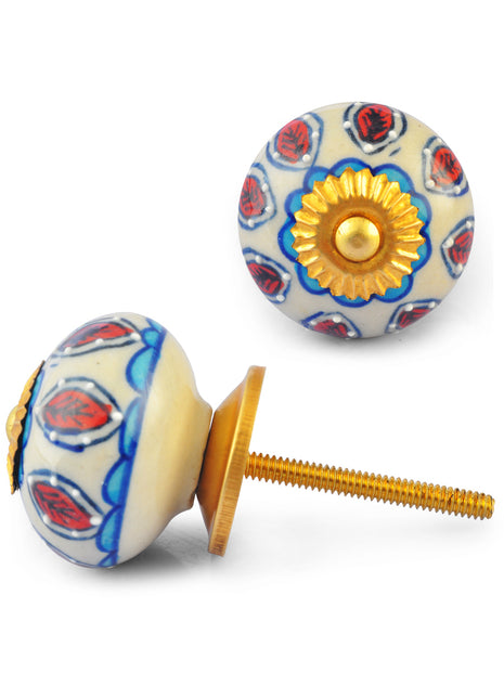 Red and Turquoise Flowers on White Base Ceramic knob
