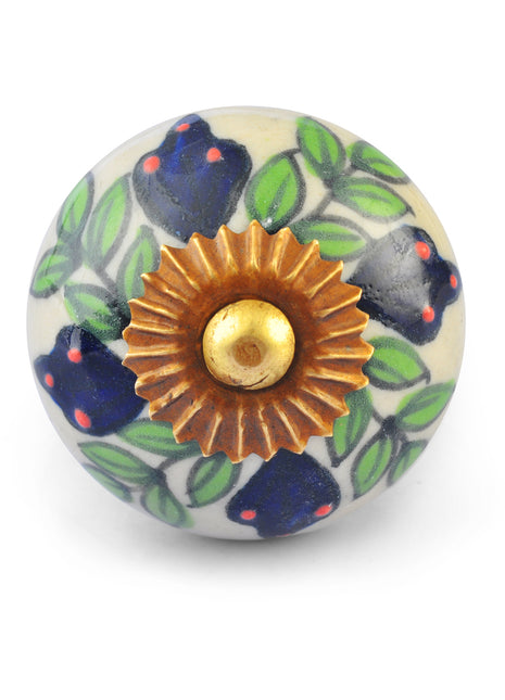 Green leaves and Blue Flowers on White Base Ceramic knob