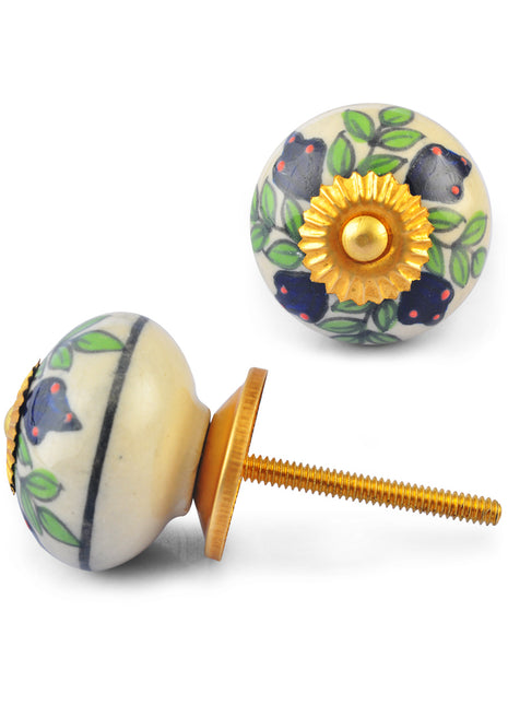 Green leaves and Blue Flowers on White Base Ceramic knob