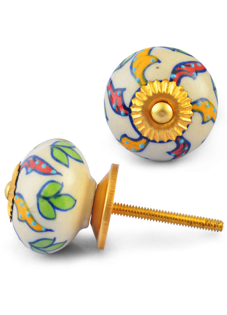 Yellow and Red Leaves on White Base Ceramic Knob