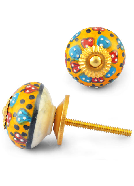 Red and Turquoise Flowers on Yellow and White Ceramic knob