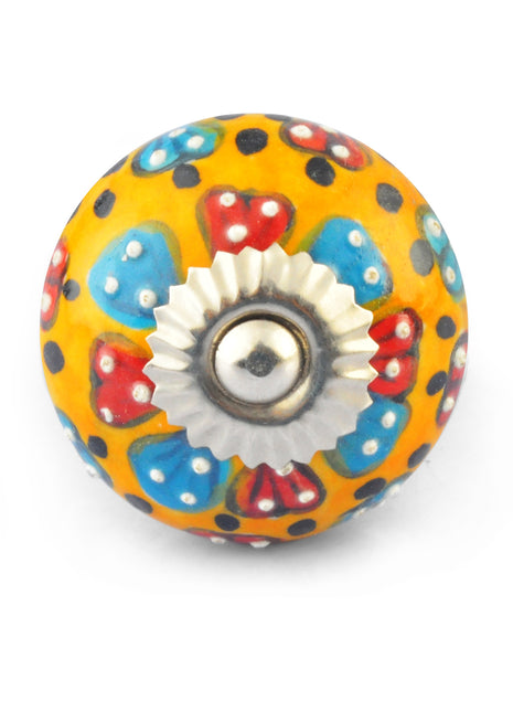 Red and Turquoise Flowers on Yellow and White Ceramic knob