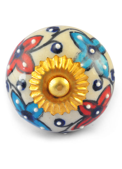Turquoise and Red Flowers on White Base Ceramic knob