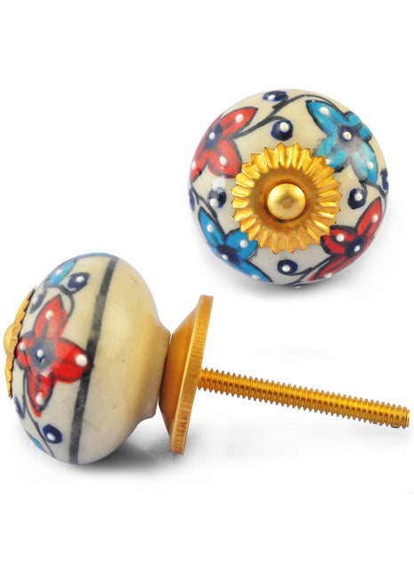 Turquoise and Red Flowers on White Base Ceramic knob
