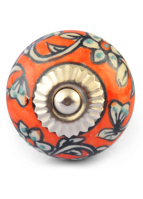 White Flowers and Leaves on Red and White Ceramic knob