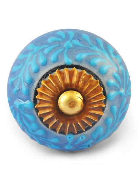Turquoise Embossed design on Light Blue and White Base Ceramic knob