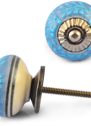 Turquoise Embossed design on Light Blue and White Base Ceramic knob