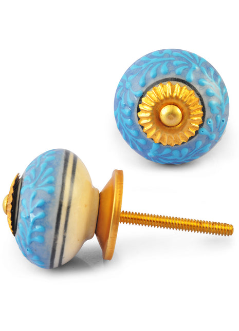 Turquoise Embossed design on Light Blue and White Base Ceramic knob