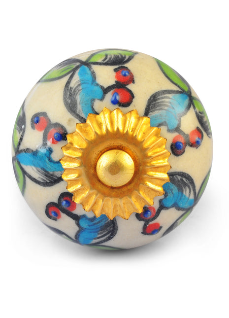 Green and Turquoise Leaves on White Ceramic knob