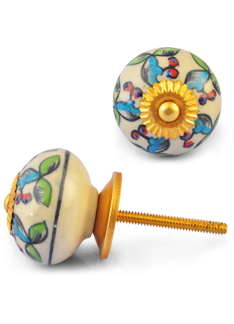 Green and Turquoise Leaves on White Ceramic knob