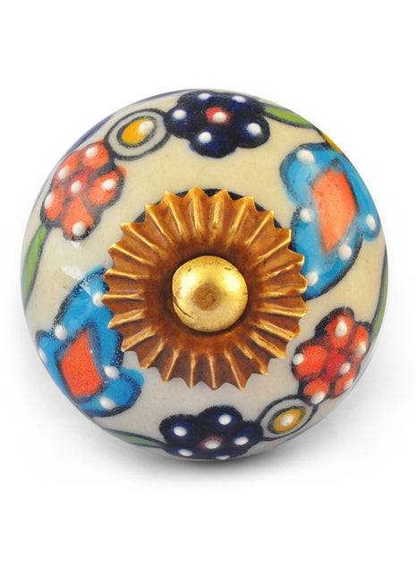 Turquoise,Red and Blue Flowers on White Base Ceramic knob