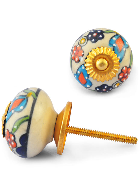Turquoise,Red and Blue Flowers on White Base Ceramic knob
