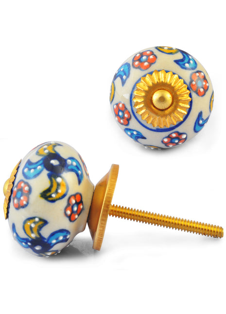 Turquoise, Red and Yellow Flowers on White Base Ceramic knob