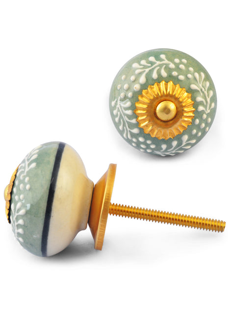 White Embossed design on Lemon Green and White Base Ceramic knob