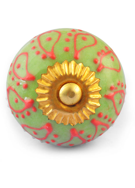 Red Embossed design on Lime Green and White Base Ceramic knob