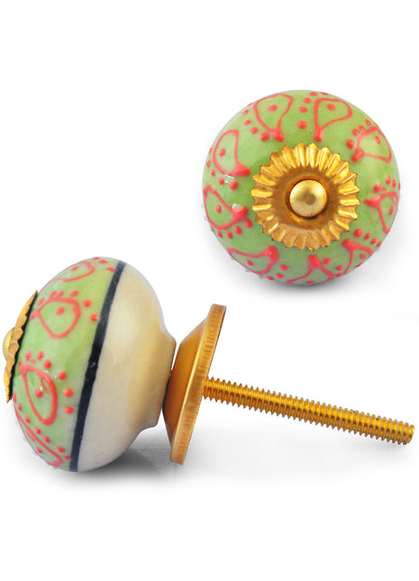 Red Embossed design on Lime Green and White Base Ceramic knob