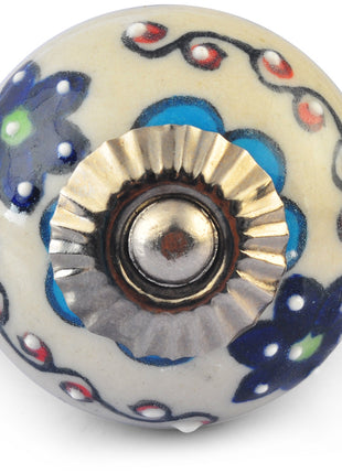 Turquoise and Dark Blue Flowers on White Base Ceramic knob