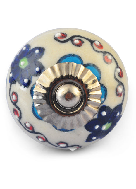 Turquoise and Dark Blue Flowers on White Base Ceramic knob