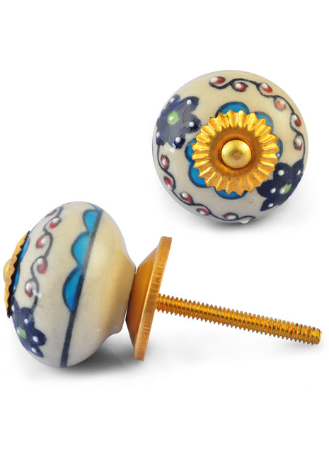 Turquoise and Dark Blue Flowers on White Base Ceramic knob