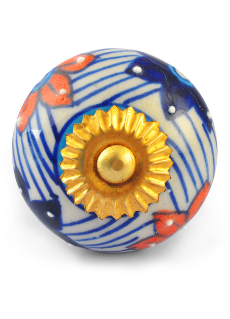 Red and Blue Flower on White Base Ceramic knob