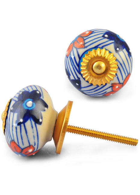 Red and Blue Flower on White Base Ceramic knob