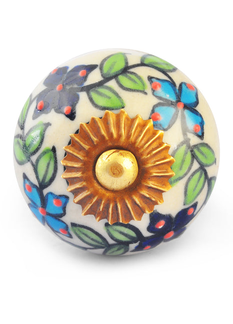 Turquoise and Blue Flowers and Green Leaves on White Base Ceramic knob