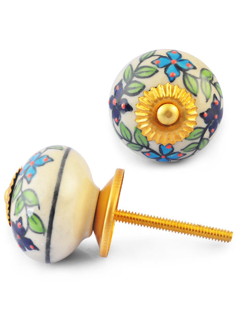 Turquoise and Blue Flowers and Green Leaves on White Base Ceramic knob