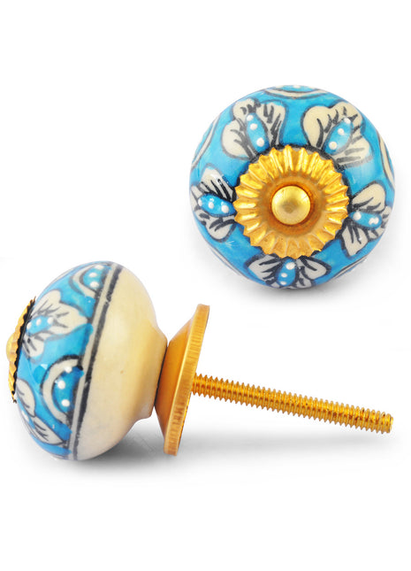 White Flowers on Turquoise and White  Ceramic knob