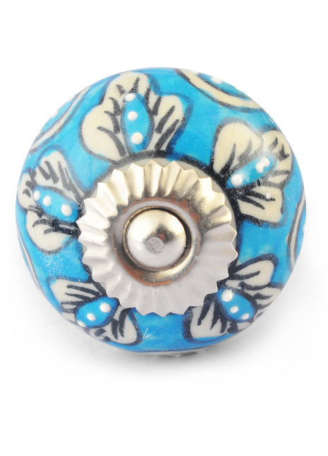 White Flowers on Turquoise and White  Ceramic knob
