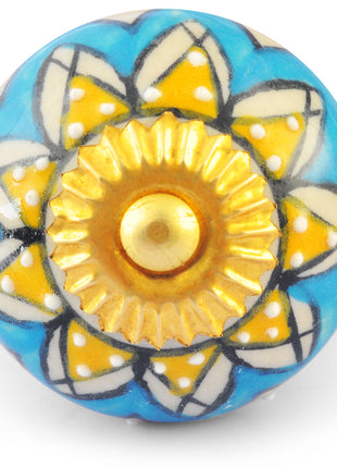 Yellow Flower on Turquoise and White Ceramic knob