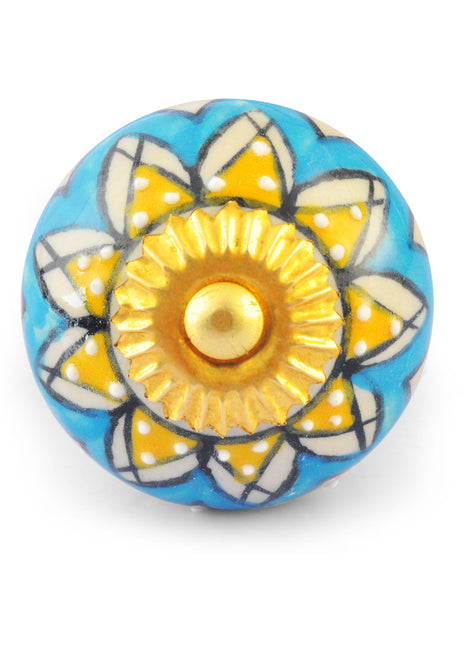 Yellow Flower on Turquoise and White Ceramic knob