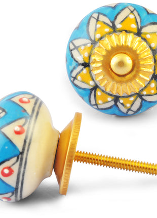Yellow Flower on Turquoise and White Ceramic knob