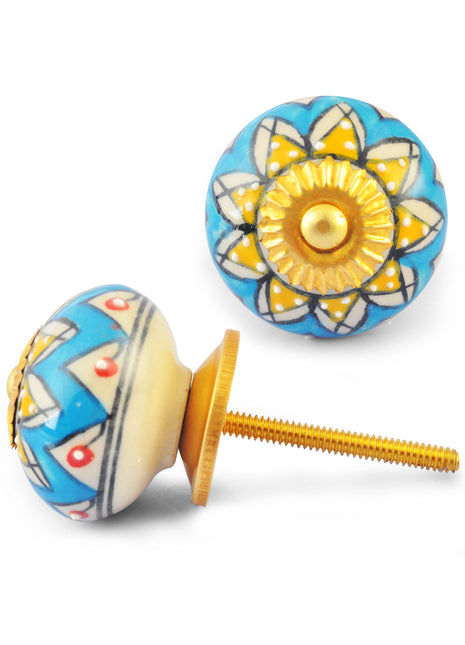 Yellow Flower on Turquoise and White Ceramic knob