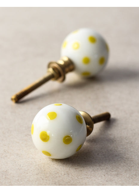 Unique White Round Drawer Cabinet Knob With Yellow Polka-Dots