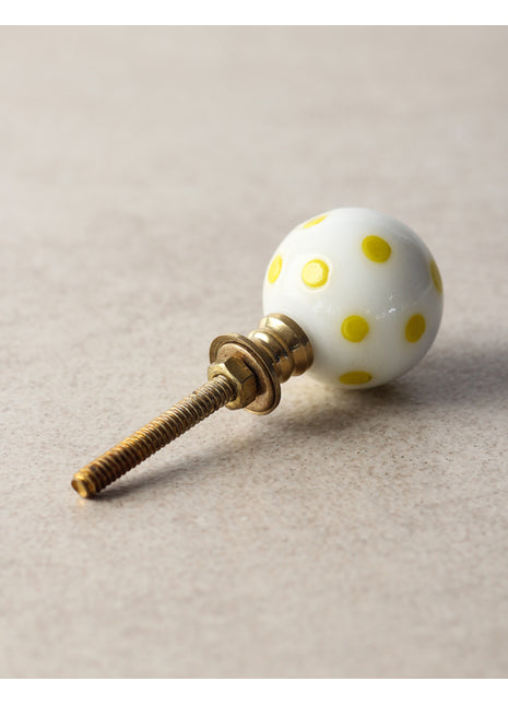Unique White Round Drawer Cabinet Knob With Yellow Polka-Dots