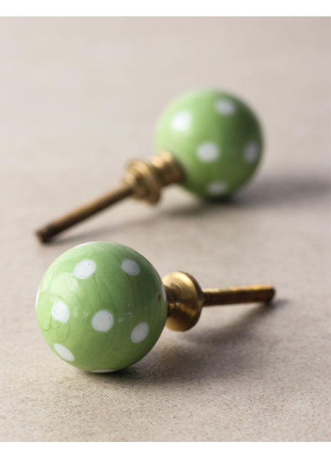Stylish Green Round Drawer Cabinet Knob With White Polka-Dots