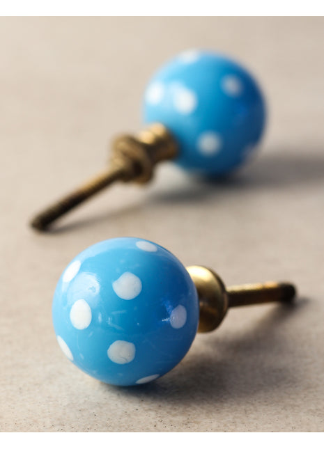 Designer Turquoise Round Kitchen Cabinet Knob With White Polka-Dots