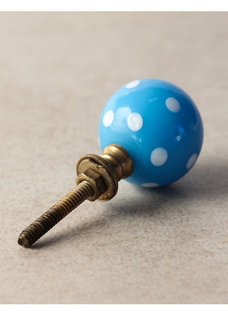 Designer Turquoise Round Kitchen Cabinet Knob With White Polka-Dots
