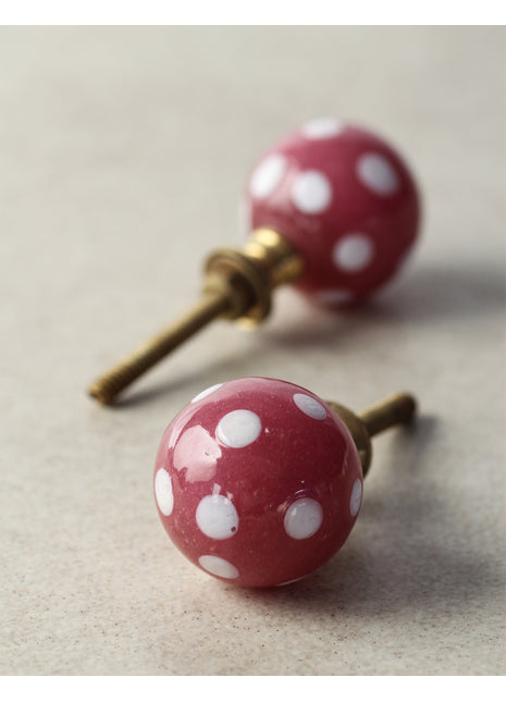 Magenta Pink Round Dresser Cabinet Knob With White Polka-Dots