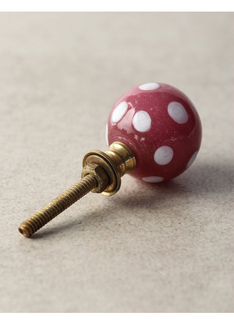 Magenta Pink Round Dresser Cabinet Knob With White Polka-Dots