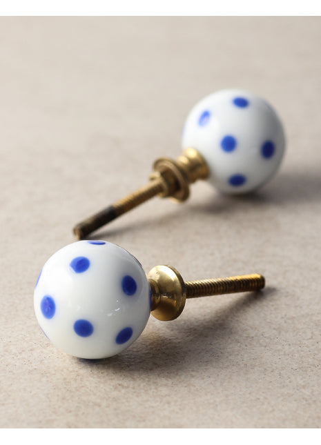 Stylish White Round Kitchen Cabinet Knob With Blue Polka-Dots