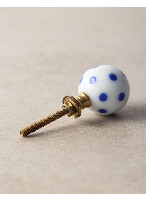 Stylish White Round Kitchen Cabinet Knob With Blue Polka-Dots