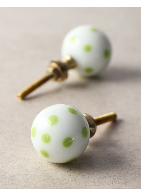 White Round Shaped Kitchen Cabinet Knob With Green Polka-Dots