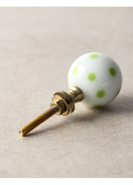 White Round Shaped Kitchen Cabinet Knob With Green Polka-Dots