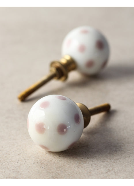White Round Dresser Cabinet Knob With Purple Polka-Dots