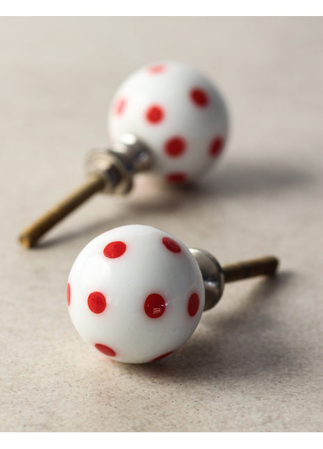 Vintage White Round Door Knob With Red Polka-Dots