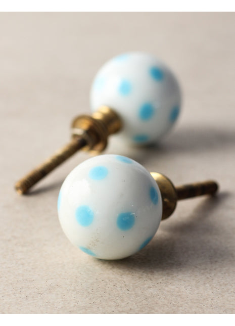 White Round Shaped Door Knob With Turquoise Polka-Dots