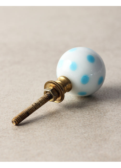 White Round Shaped Door Knob With Turquoise Polka-Dots