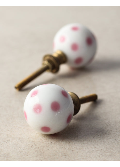 Elegant White Round Door Knob With Pink Polka-Dots